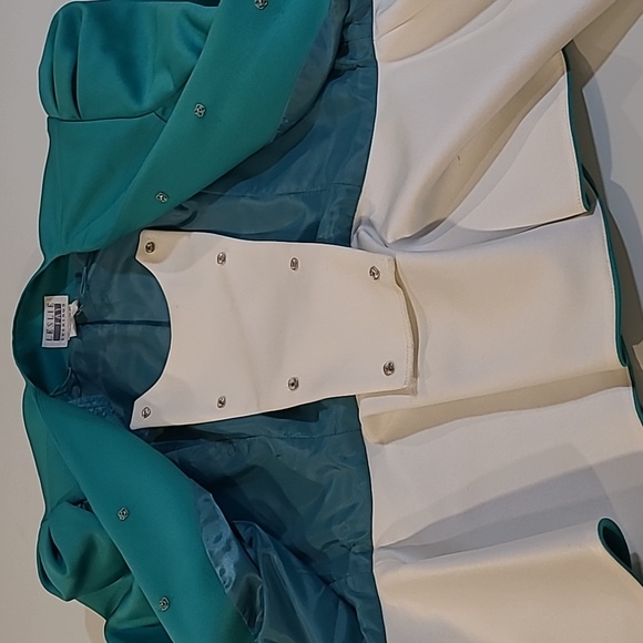 LIKE NEW VTG 80s Leslie Fay Satin Teal/White Puff Shoulder Large Bow Blazer - Picture 7 of 15